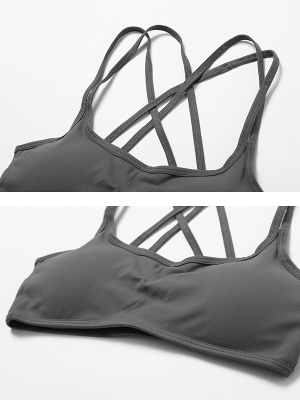 Wrap Back Cross Hollow Solid Color Spaghetti-Neck Sports Bra