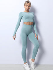 Solid Color Long-Sleeved Seamless Knitted Yoga Suits