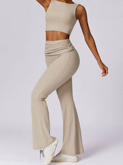 Skinny Sleeveless Backless Pleated Solid Color Round-Neck Tank&Pants Suits