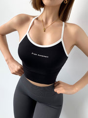 Color-Block Hollow Letter Print Spaghetti-Neck Sports Bra