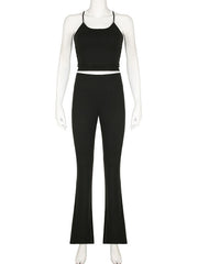 Skinny Back Cross Hollow Solid Color Spaghetti-Neck Tank&Pants Suits