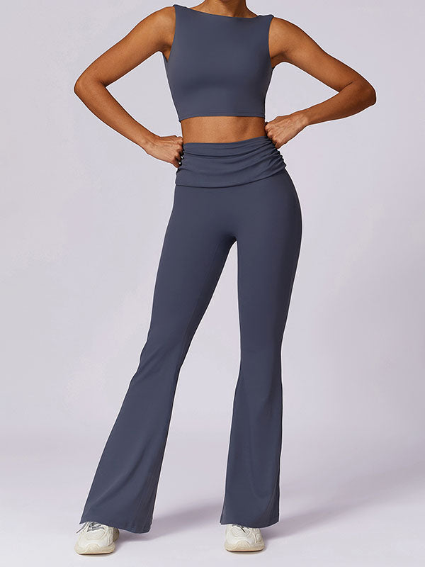 Skinny Sleeveless Backless Pleated Solid Color Round-Neck Tank&Pants Suits