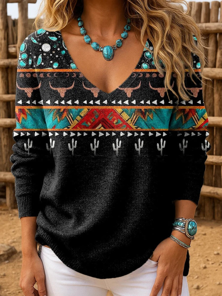 Women's Gem Bull Head Aztec Cactus Print Casual Shirt