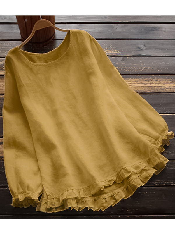 Women O Neck Solid Long Sleeve Ruffle Linen Tops