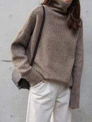 Casual Loose Long Sleeves Solid Color High-Neck Sweater Tops