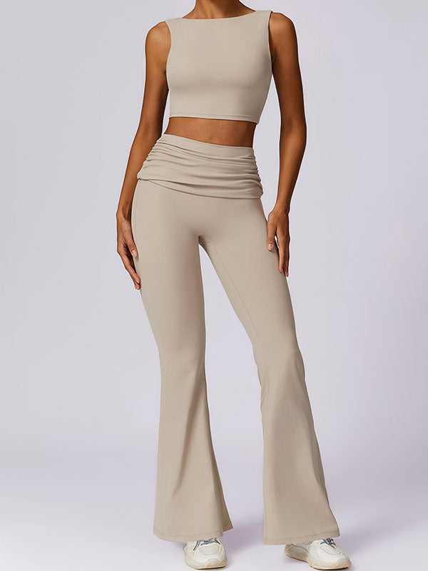 Skinny Sleeveless Backless Pleated Solid Color Round-Neck Tank&Pants Suits