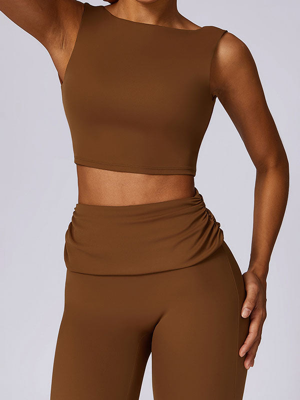 Skinny Sleeveless Backless Pleated Solid Color Round-Neck Tank&Pants Suits