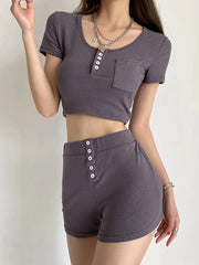 U-Neck Short Sleeve Top High-Waisted Shorts Button Casual Suit