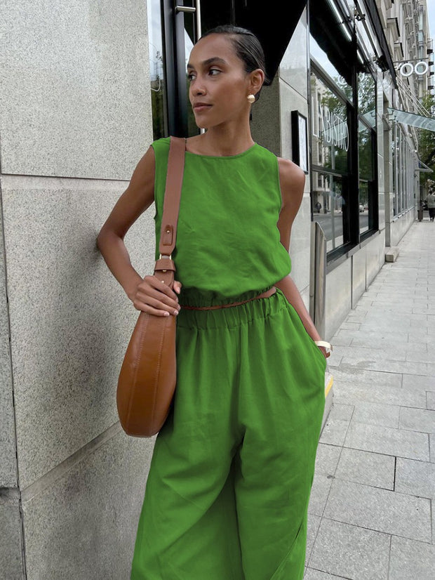 Casual Solid Color Sleeveless Top and Wide Leg Pants Set