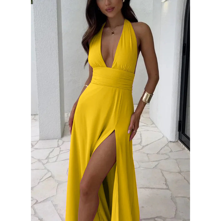 Halter neck V-neck strappy backless slit dress