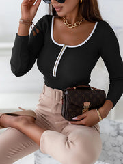 Casual Skinny Long Sleeves Contrast Color Square-Neck Bodysuits