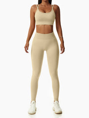 Skinny Wrap High-Waisted Hollow Bra&Leggings Solid Color Spaghetti-Neck Suits