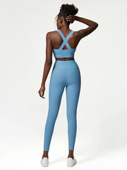 Solid Color Wrap Back Cross Bra&Leggings Suits