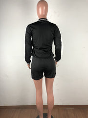 Rib Stitching Long Sleeve Zipper Shorts Sport Suit