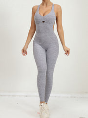 Skinny Wrap Back Cross Backless Hollow Solid Color Yoga Jumpsuits