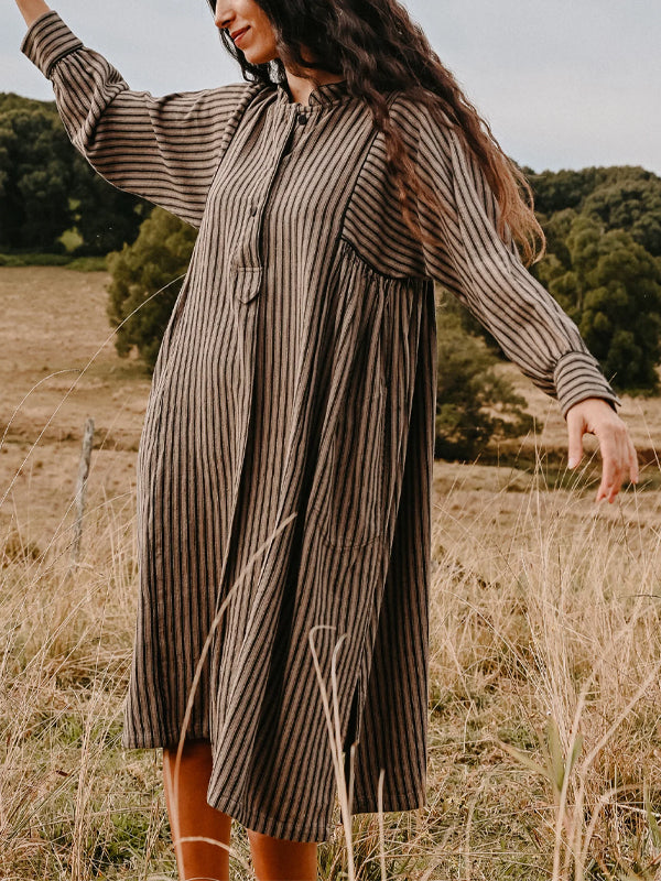 Striped Long-Sleeved Cotton And Linen Dress