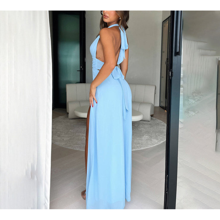 Halter neck V-neck strappy backless slit dress