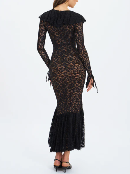 Sexy Long Sleeve Low-Cut Lace Stitching Dress