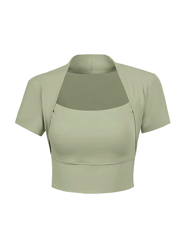 Short Sleeves Wrap Solid Color U-Neck Yoga Tops