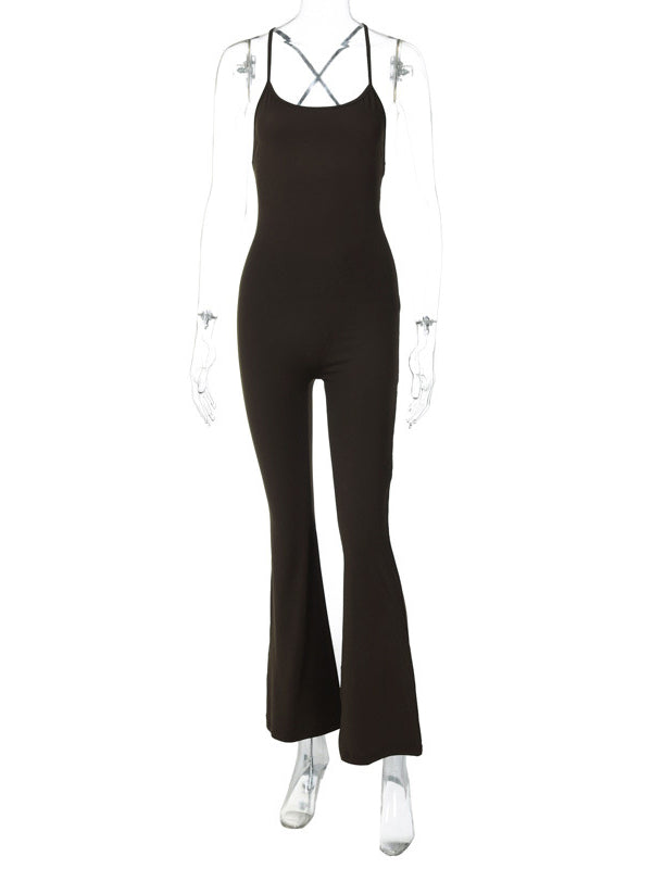 Skinny Wrap Back Cross Hollow Solid Color Spaghetti-Neck Jumpsuits