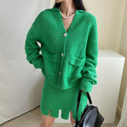 Temperament V-Neck Single-Breasted Sweater Knit Set