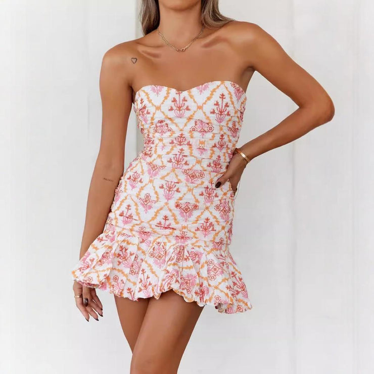 Women's Clothing Casual Fresh and Sweet Summer Printed Pleated Short Mini Dresses