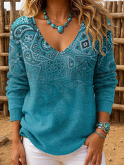 Women's Casual Retro Western Pattern Gradient Striped Long-Sleeved Top