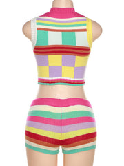 Sleeveless Multi-Colored Round-Neck Tank&Shorts Suits