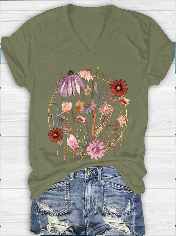 Pressed Flower Print Women's V-neck T-shirt