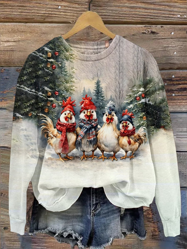 Christmas Chicken Print Crew Neck Sweatshirt