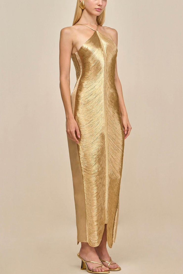 Veroty Halter Fringe Maxi Dress - Gold