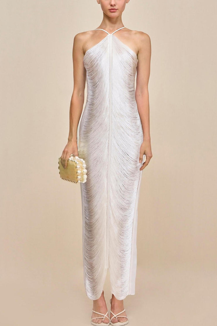 Veroty Halter Fringe Maxi Dress -white