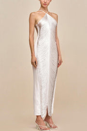 Veroty Halter Fringe Maxi Dress -white