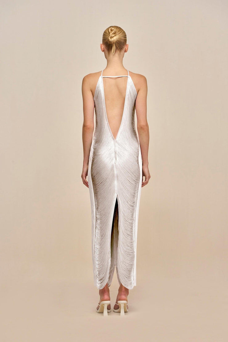 Veroty Halter Fringe Maxi Dress -white
