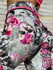 Floral&Skull Print Skinny Leg Wrap High-Waisted Leggings