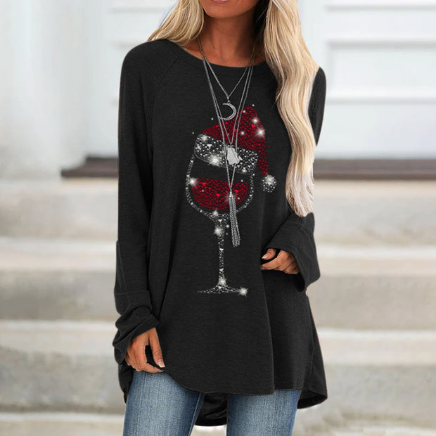 Glittering Christmas Style Glass Print Loose Long Sleeve Tee