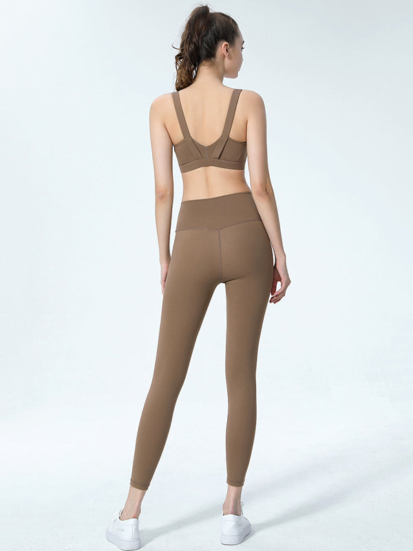 Spaghetti-Neck Skinny Leg Wrap Hollow Solid Color Bra&Leggings Suits