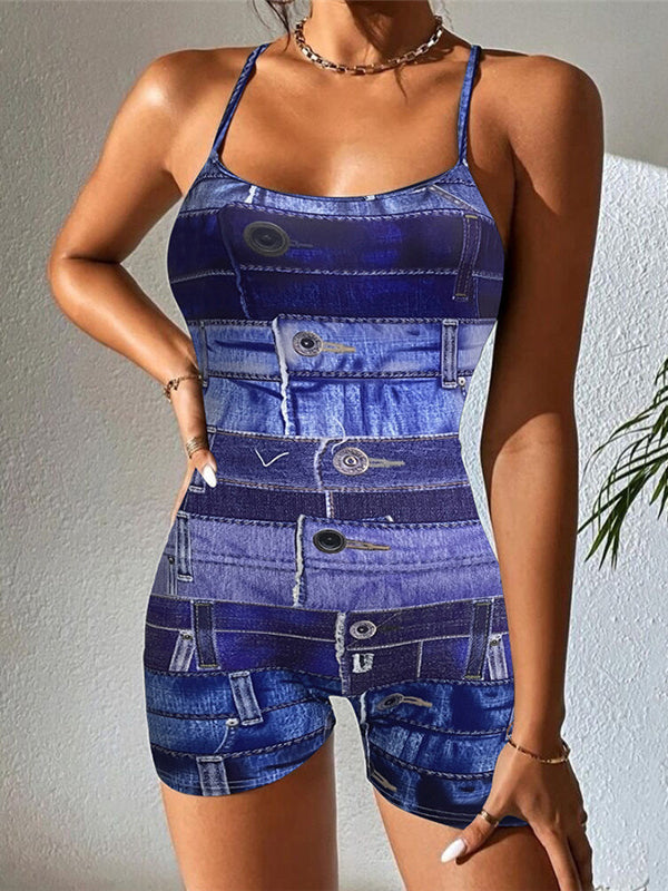 Wrap Backless Printed Spaghetti-Neck Rompers