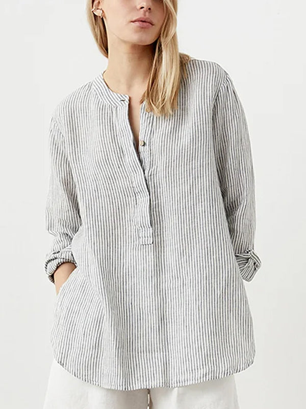 Round Neck Cotton And Linen Striped Top