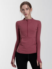 Solid Color Breathable Quick-Dry Zipper Collar Long Sleeves Wrap Sport Tee