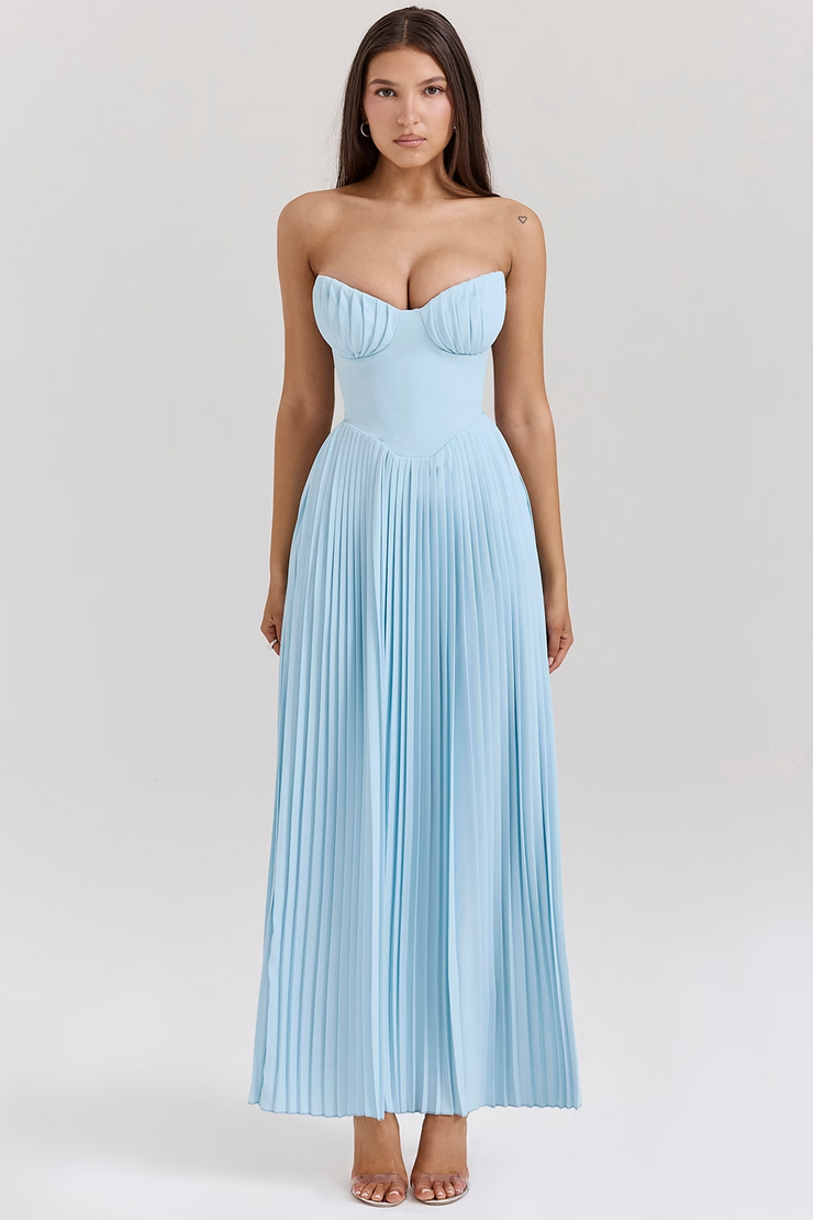 Ocean Blue Pleated Maxi Dress