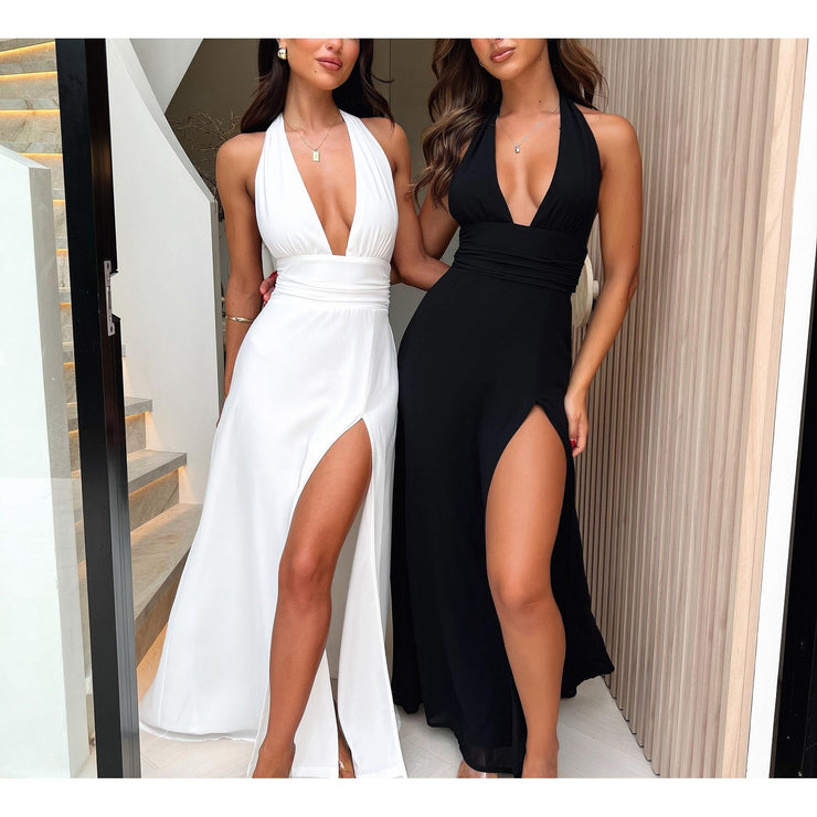 Halter neck V-neck strappy backless slit dress