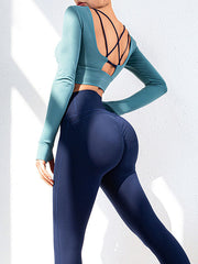 Hollow Beautiful Back Long-Sleeved Top&High Waist Hip-Lifting Leggings Suits