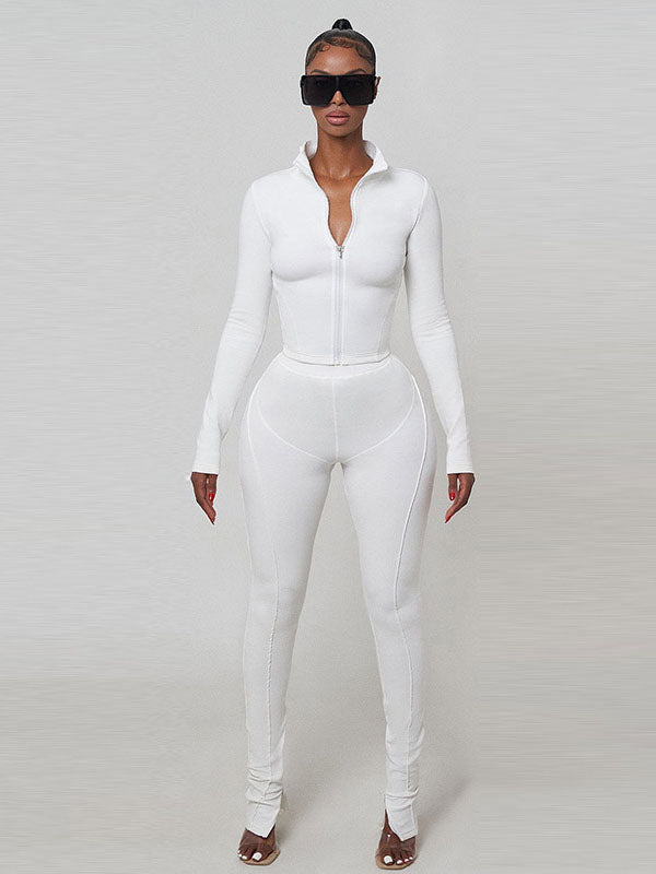 Long Sleeves Wrap Solid Color Zipper High-Neck Jackets&Pants Suits