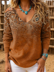 Women's Casual Retro Western Pattern Gradient Striped Long-Sleeved Top