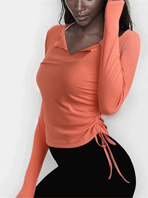 Sexy Side Drawstring Slim Stretch Long Sleeve T-Shirt