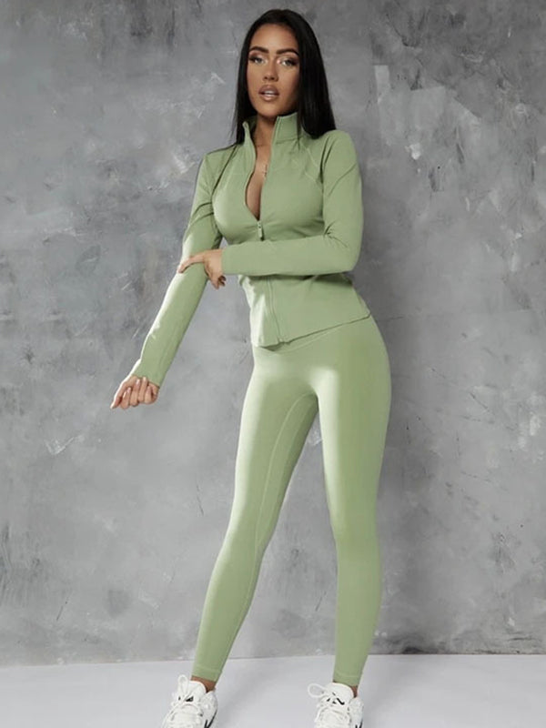 Solid Color Zip Stand Collar Yoga Suits