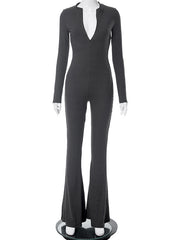 Flared Pants Solid Color Zipper Round-Neck Jumpsuits