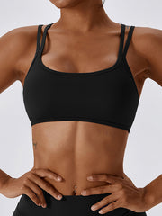 Wrap Back Cross Hollow Solid Color Spaghetti-Neck Sports Bra