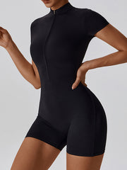 Wrap Solid Color Zipper Round-Neck Sports Rompers